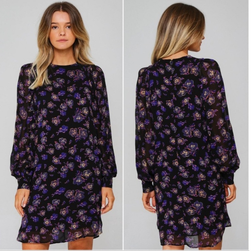 GANNI Gathered Floral-Print Georgette Long Sleeve Mini Dress 8 40